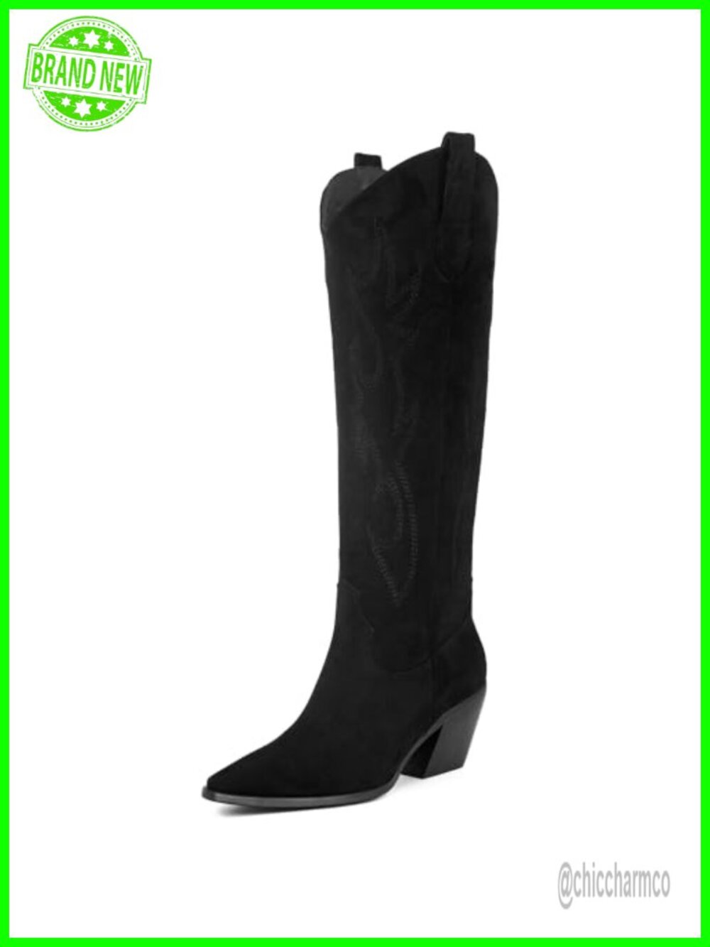 Knee High Cowboy Boots Pointed Toe Block Heel Faux Suede Western Embroidered
